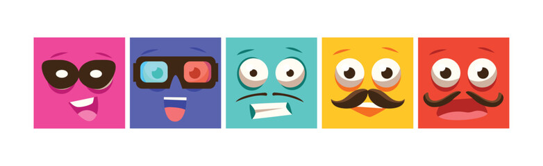Funny Colorful Square Emoji Faces and Comic Avatars Vector Set