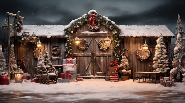 Generative AI, Christmas interior rural background, Santa Claus rustic workshop	
