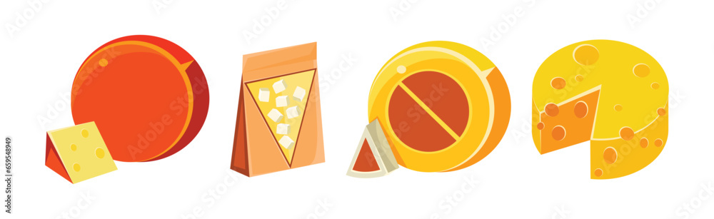 Sticker Different Types of Cheese as Fresh Dairy Product Vector Set