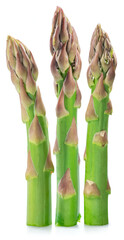 Three green asparagus spears isolated on white background.