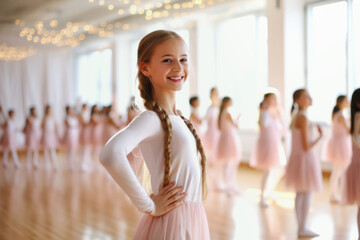 girls are engaged in ballet in a dance studio - obrazy, fototapety, plakaty