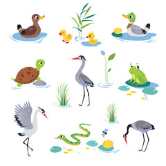 Swamp with Animals and Growing Water Plants Vector Set
