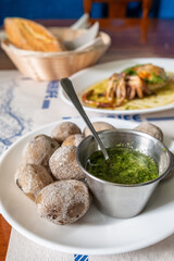 Papas arrugadas, wrinkled potatoes, in the traditional Canarian restaurant on Tenerife island, Spain.