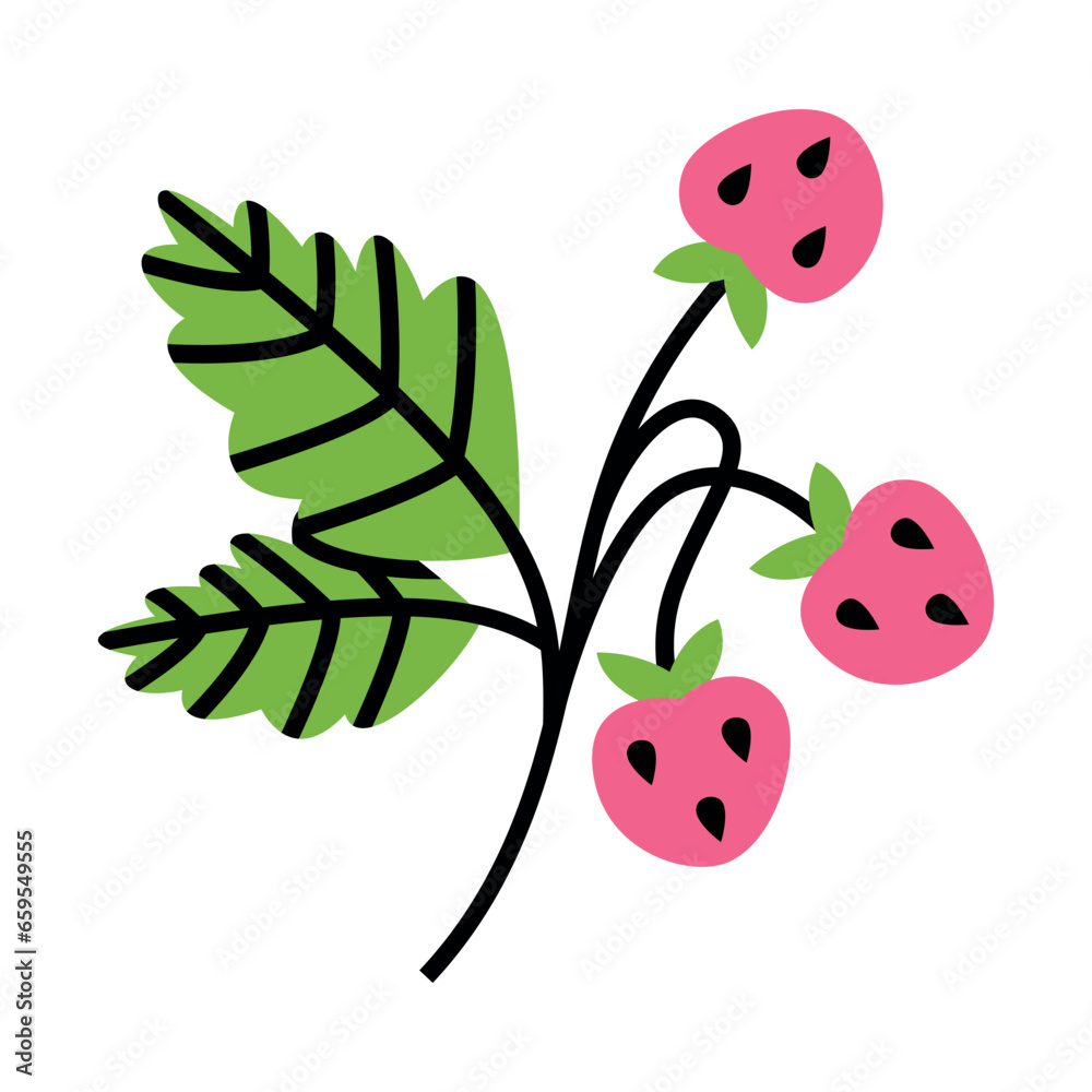 Sticker wild strawberry branch with green stem and berry vector illustration