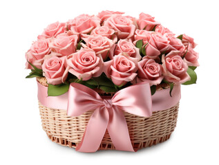 Fototapeta na wymiar gift basket with pink roses tied with a large bow, isolated