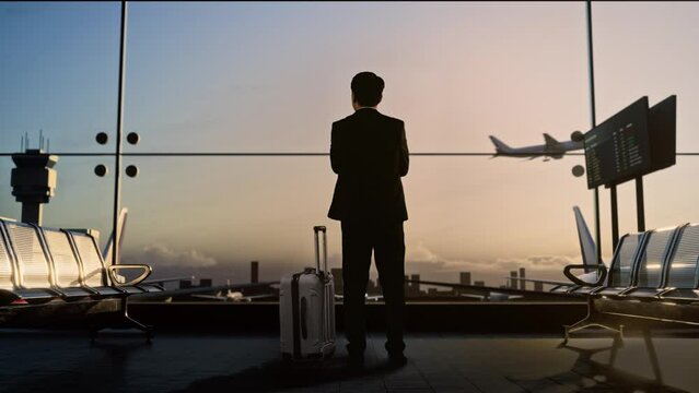 Full Body Back View Of Asian Businessman With Rolling Suitcase In Boarding Lounge At The Airport, Crossing His Arms And Looking Around While Waiting For Flight, Airplane Takes Off Outside The Window
