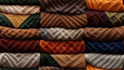 multiple folded knitted wool sweaters in various earthy tones to form a seamless pattern. the intricate details and textures of each sweater. SEAMLESS PATTERN. SEAMLESS WALLPAPER.