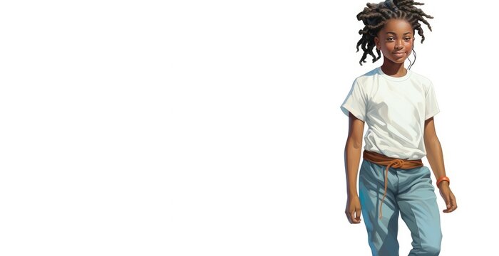 African girl white t-shirt banner. Woman character. Generate Ai