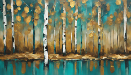 Teal and gold abstract painting of trees by a pond. Autumn birch tree leaves in modern art