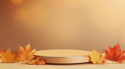 Naklejka na ściany i meble Autumn Display Podium Decoration Background with Autumn leaves and empty minimal podium pedestal product display.Background or banner template for the design of Autumn and Fall Banners