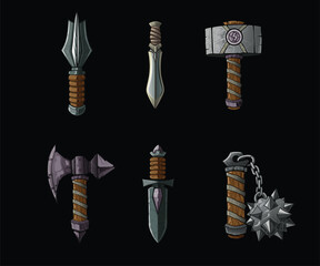 Collection of medieval weapons, made in 2D graphics for use in gaming applications and UI.