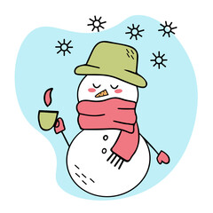 A snowman in a pink scarf holds a mug of hot tea in his hands. Doodle illustration. Hello winter