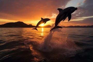 Zelfklevend Fotobehang dolphins jumping from the sea at sunset © Alfazet Chronicles