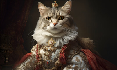 Whimsical image of a cat in royal attire. - obrazy, fototapety, plakaty