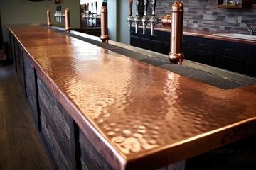 hammered copper bar top with beer taps - obrazy, fototapety, plakaty
