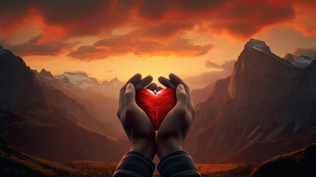a couple's hands clasping a red heart against the backdrop of majestic mountain peaks, emphasizing the strength and endurance of their love.