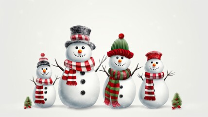 a family of snowmen, each with its unique accessories and expressions, against a plain white background. space for text to create a heartwarming winter-themed greeting card or poster.