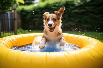 a dog paddling in a small inflatable pool in a backyard