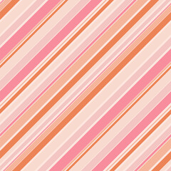 Diagonal stripes seamless pattern in trendy colors, pink and orange. Retro 1970-1980â€™s fashion style background. Vector colorful lines. Abstract geometric design template. Repeat decorative texture