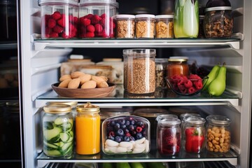 a refrigerator filled with various healthy snacks and drinks