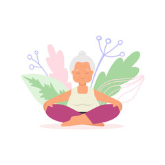 Mediating elderly woman sitting in lotus pose. Vector spot illustration. Wellness, awareness, yoga