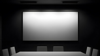 Empty meeting room with black wall and white screen
