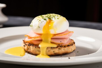 english muffin with poached egg and hollandaise sauce - obrazy, fototapety, plakaty