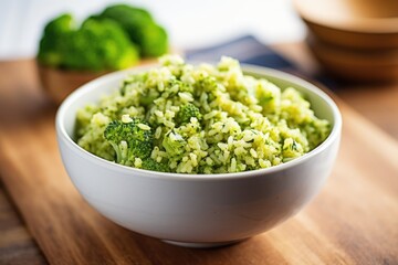 broccoli rice in a minimalist white bowl on wooden table