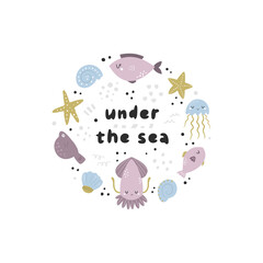 Colorful circle design, composition with sea animals squid, fish, starfish, jellyfish