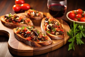 anchovy bruschetta on a board beside a bowl of olives