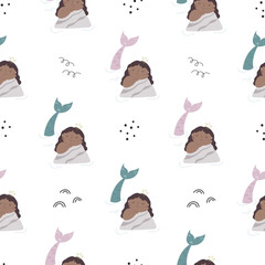 Colorful seamless pattern with beautiful mermaids and sea life