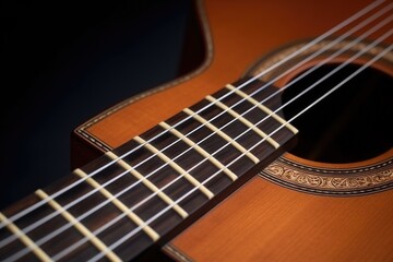 close-up of the fretboard of a classic acoustic guitar