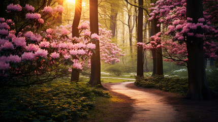 Beautiful forest trees blooming in spring at sunset