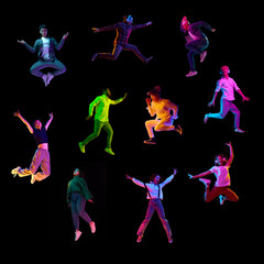 Collage. Young different people, multiracial men and women jumping over black background in neon light. Concept of freedom, motivation, ambitions, success and lifestyle.