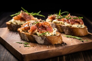 close-up of a bit taken from a bruschetta with fig and cheese