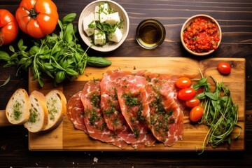 overhead view of a wooden board with bruschetta and fresh oregano