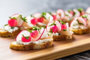 close-up of bruschetta topping with thinly sliced radish