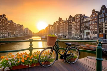 Papier Peint photo Lavable Amsterdam Bicycle amsterdam bridge. City travel. Generate Ai