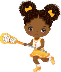 Vector Cute Little African American Girl Playing Lacrosse