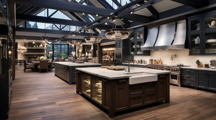 A chef's dream kitchen featuring a central prep island and multiple cooking stations. - obrazy, fototapety, plakaty