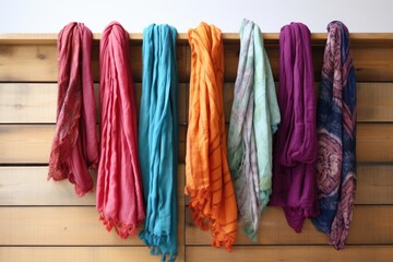 multiple colourful scarves arranged on a light wooden surface