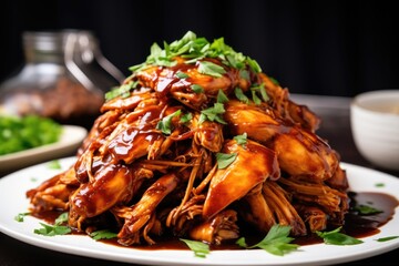 close view of bourbon bbq pulled chicken garnished with parsley