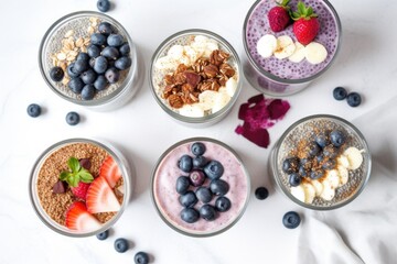 overhead shot of several parfaits, diverse in components but all including chia and blueberries
