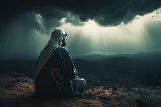Arab man sky. Camp desert. Generate Ai