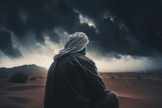 Arab man dark sky seated. Spiritual people. Generate Ai