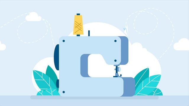 Industrial sewing machine with a spool of yellow threads. The concept of sewing, cutting, designing, and modeling clothes. Cartoon illustration of the sewing machine. 2D flat bright animation	