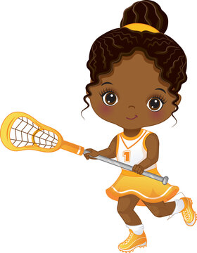 Vector Cute Little African American Girl Playing Lacrosse