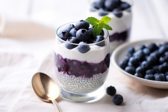 spoon in glass containing parfait of fresh blueberries and chia seeds