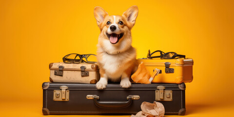 Fototapeta premium Adorable corgi sits atop suitcases, ready for adventure against a vibrant orange backdrop.