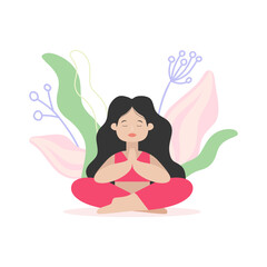 Mediating girl sitting in lotus pose. Vector spot illustration. Wellness, awareness, yoga.
